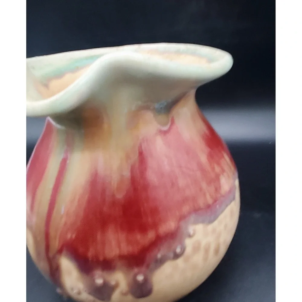 Handmade D. Lessar Studio Art Pottery‎ Red Tulip Pitcher Handmade Drip Glaze 7